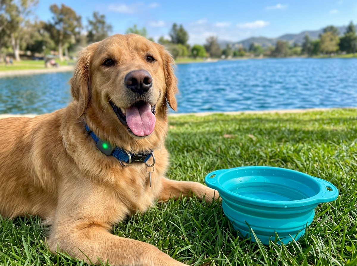 Cooper smiling beside his water bowl