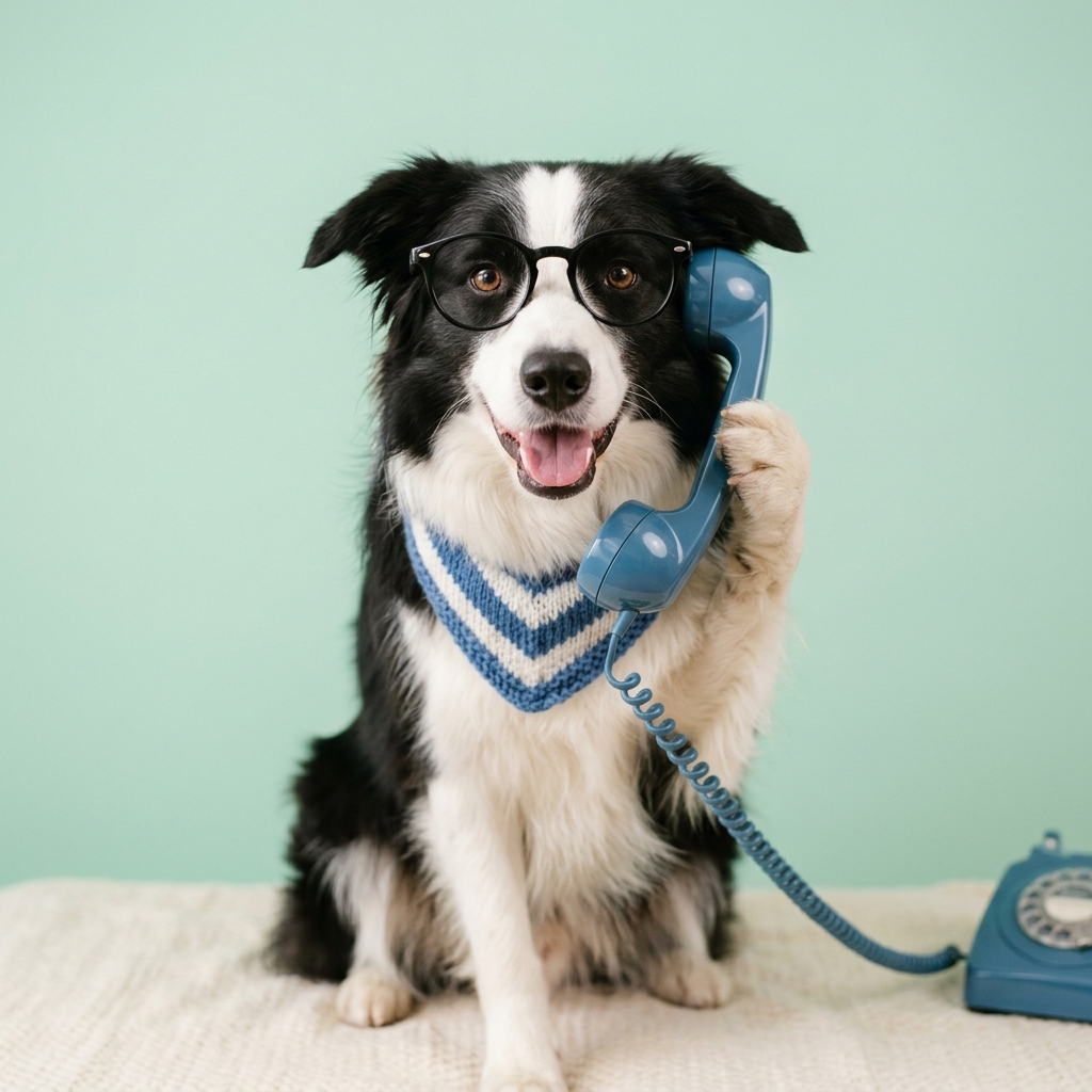 Smart Border Collie dog with spectacles holding blue telephone