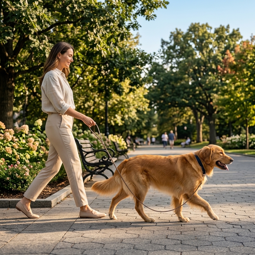 Cooper loose-leash walking on sidewalk