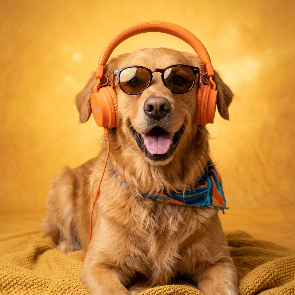 Joyful Golden Retriever puppy with sunglasses and orange headphones