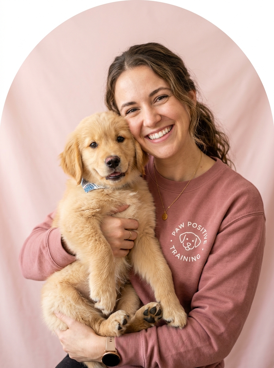 Certified Trainer holding happy puppy at OrenPaws Academy